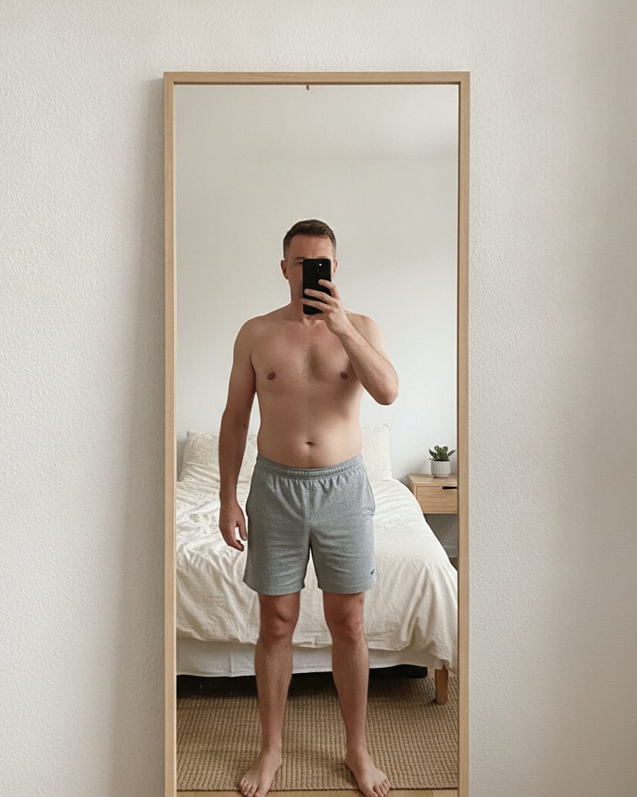 Person taking a shirtless mirror progress photo for body fat estimation